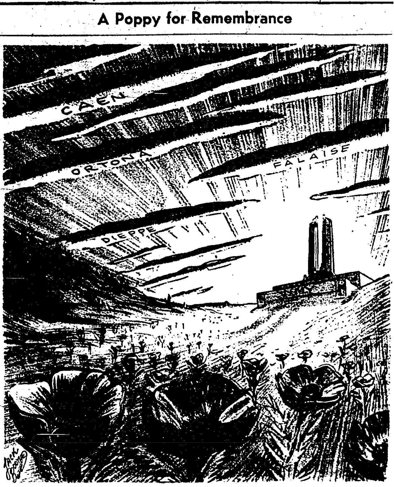 A black and white newspaper illustration.  The Vimy Memorial is framed by bright light; the clouds in the sky around it contain names of notable Second World War battles. Poppies cover the ground.